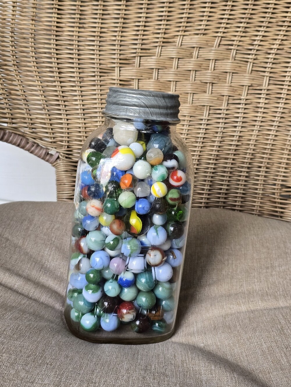LARGE vintage Jar Of Marbles Mixed Uranium